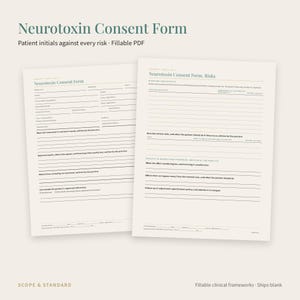Puede incluir: Un formulario de consentimiento de neurotoxina de dos p&aacute;ginas con un dise&ntilde;o de PDF rellenable. Las p&aacute;ginas incluyen secciones para informaci&oacute;n del paciente, detalles del tratamiento y riesgos con l&iacute;neas para iniciales y firmas en negro sobre crema.