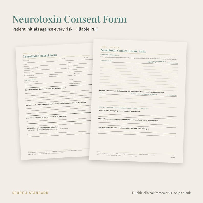 Puede incluir: Un formulario de consentimiento de neurotoxina de dos p&aacute;ginas con un dise&ntilde;o de PDF rellenable. Las p&aacute;ginas incluyen secciones para informaci&oacute;n del paciente, detalles del tratamiento y riesgos con l&iacute;neas para iniciales y firmas en negro sobre crema.