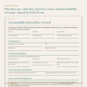 May include: A cream-colored document titled Accountable prescriber record with sections for full name, credential, license number, arrangement, professional liability, ordering and registrations, and scope of this arrangement with blank lines for data entry.