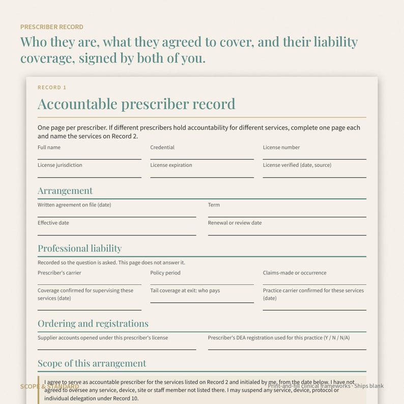 May include: A cream-colored document titled Accountable prescriber record with sections for full name, credential, license number, arrangement, professional liability, ordering and registrations, and scope of this arrangement with blank lines for data entry.