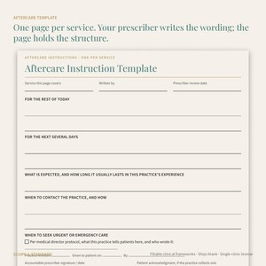 May include: A cream-colored aftercare instruction template document featuring sections for service details, prescriber information, and patient guidance. The form includes lines for daily instructions, expected recovery, contact protocols, and emergency care.
