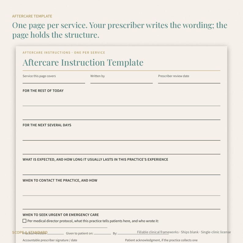 May include: A cream-colored aftercare instruction template document featuring sections for service details, prescriber information, and patient guidance. The form includes lines for daily instructions, expected recovery, contact protocols, and emergency care.