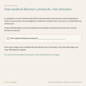 May include: A document titled Why It Ships Blank with the heading Your medical director's protocols. Our structure. It includes text about clinical documentation, a checkbox labeled Per medical director protocol, and a footer with the brand name Scope & Standard.