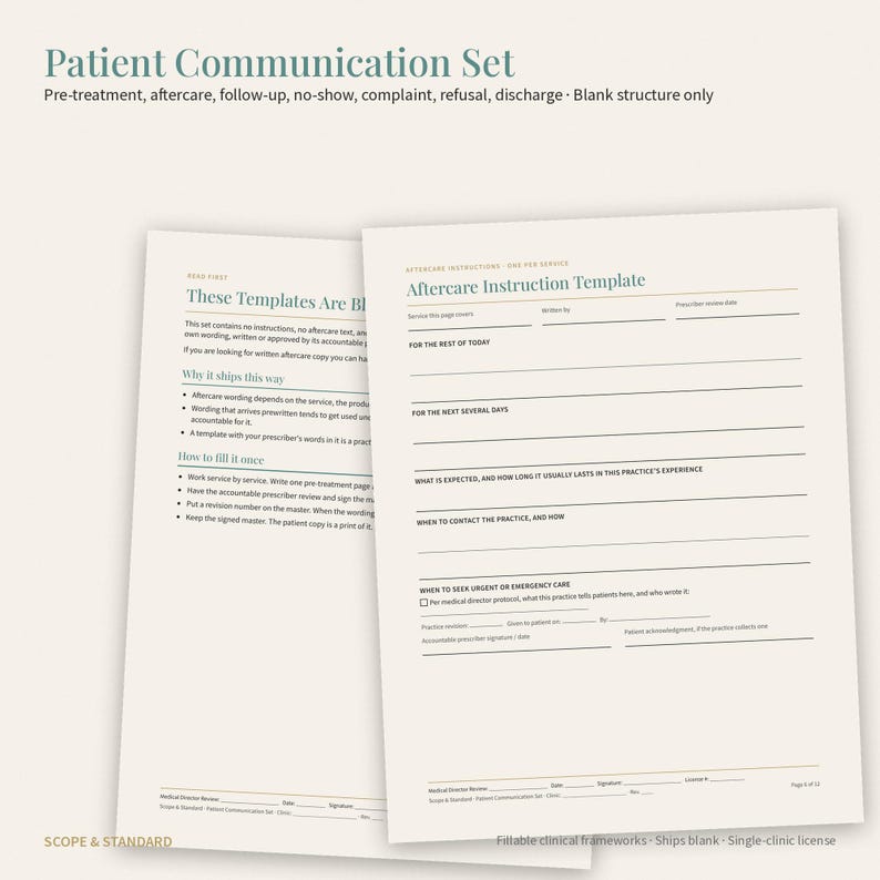 May include: A patient communication set featuring blank templates for pre-treatment, aftercare, and follow-up. The documents include headings like Aftercare Instruction Template with lines for written notes, dates, and signatures on off-white paper.