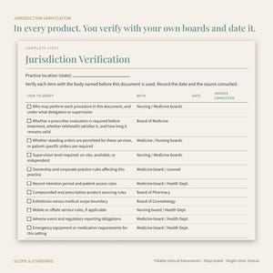 May include: A Jurisdiction Verification form with a checklist for clinical practice. The document includes columns for item to verify, the relevant board, date, and source consulted. Text includes 'In every product. You verify with your own boards and date it.'