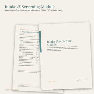 May include: An Intake & Screening Module document set featuring a cover page and an IV Hydration Screening form. The pages are off-white with dark teal text, including fields for patient name, date, and clinical screening categories for medical use.