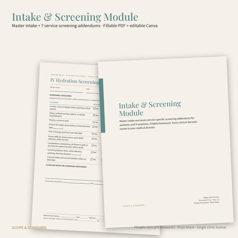 May include: An Intake & Screening Module document set featuring a cover page and an IV Hydration Screening form. The pages are off-white with dark teal text, including fields for patient name, date, and clinical screening categories for medical use.