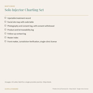 Pu&ograve; includere: Un documento Solo Injector Charting Set che presenta un elenco di contenuti tra cui un registro dei trattamenti iniettabili, una mappa dei siti facciali, un registro di fotografia e consenso, un registro di tracciabilit&agrave; dei prodotti e dei lotti.
