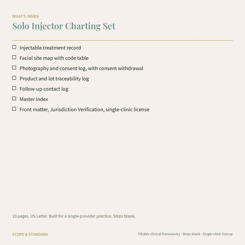 Pu&ograve; includere: Un documento Solo Injector Charting Set che presenta un elenco di contenuti tra cui un registro dei trattamenti iniettabili, una mappa dei siti facciali, un registro di fotografia e consenso, un registro di tracciabilit&agrave; dei prodotti e dei lotti.