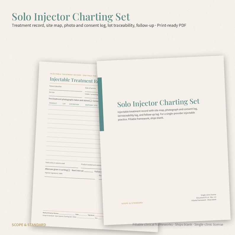 Pu&ograve; includere: Un set di documenti Solo Injector Charting Set che include registro dei trattamenti, mappa del sito, registro di foto e consenso, tracciabilit&agrave; dei lotti e registro di follow-up. Il PDF pronto per la stampa include sezioni compilabili.