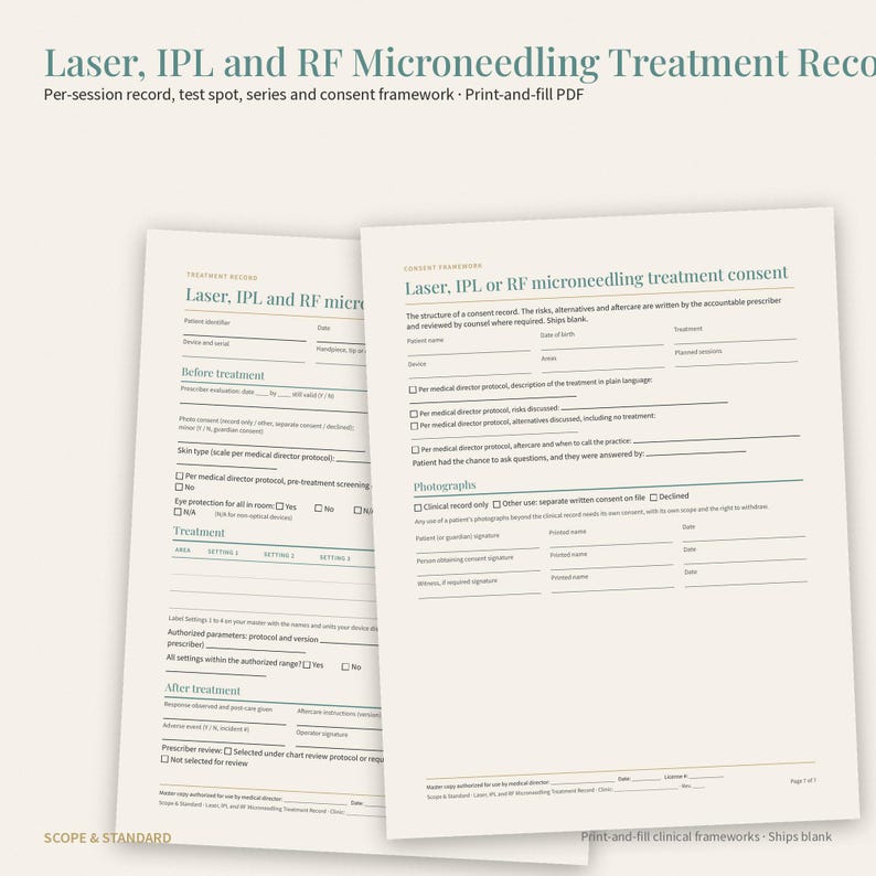 Laser, IPL, RF Microneedling Treatment Record, Test Spot, Consent (Printable PDF) image 1