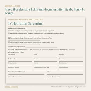 May include: A printed document titled IV Hydration Screening, Addendum A1, Page 2 of 2. It features sections for Practice Decision Fields and Documentation Fields with blank lines for clinician input, checkboxes, and headers for medical data.