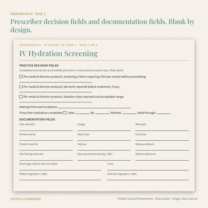 May include: A printed document titled IV Hydration Screening, Addendum A1, Page 2 of 2. It features sections for Practice Decision Fields and Documentation Fields with blank lines for clinician input, checkboxes, and headers for medical data.