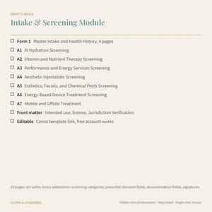 May include: A document titled Intake & Screening Module listing contents including Form 1 Master Intake and Health History, A1 IV Hydration, A2 Vitamin and Nutrient Therapy, A3 Performance and Energy Services, A4 Aesthetic Injectables, A5 Esthetics, Facials, and Chemical Peels, A6 Energy-Based Device Treatment, A7 Mobile and Offsite Treatment, Front matter, and an editable Canva template link. The document is 23 pages, US Letter size, and includes screening categories, prescriber decision fields, documentation fields, and signatures.