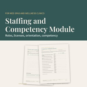 May include: A digital document titled Staffing and Competency Module for Med Spas and Wellness Clinics, featuring two white pages with black text. The pages include sections for License and Certification and a Competency Validation Record.