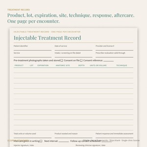 Pu&ograve; includere: Un modulo cartaceo beige intitolato Injectable Treatment Record con campi per identificativo paziente, data del servizio, licenza del fornitore, servizio e screening. Include sezioni per prodotto, lotto, scadenza, sito, tecnica e assistenza post-trattamento.