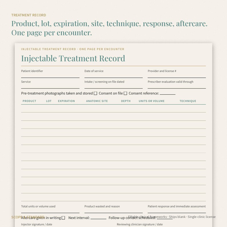 Pu&ograve; includere: Un modulo cartaceo beige intitolato Injectable Treatment Record con campi per identificativo paziente, data del servizio, licenza del fornitore, servizio e screening. Include sezioni per prodotto, lotto, scadenza, sito, tecnica e assistenza post-trattamento.
