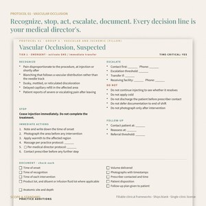 May include: A medical protocol document titled Vascular Occlusion, Suspected. The form includes sections for Recognize, Stop, Immediate Actions, Escalate, Do Not, and Follow-up, with checkboxes for documentation of patient care and clinical steps.
