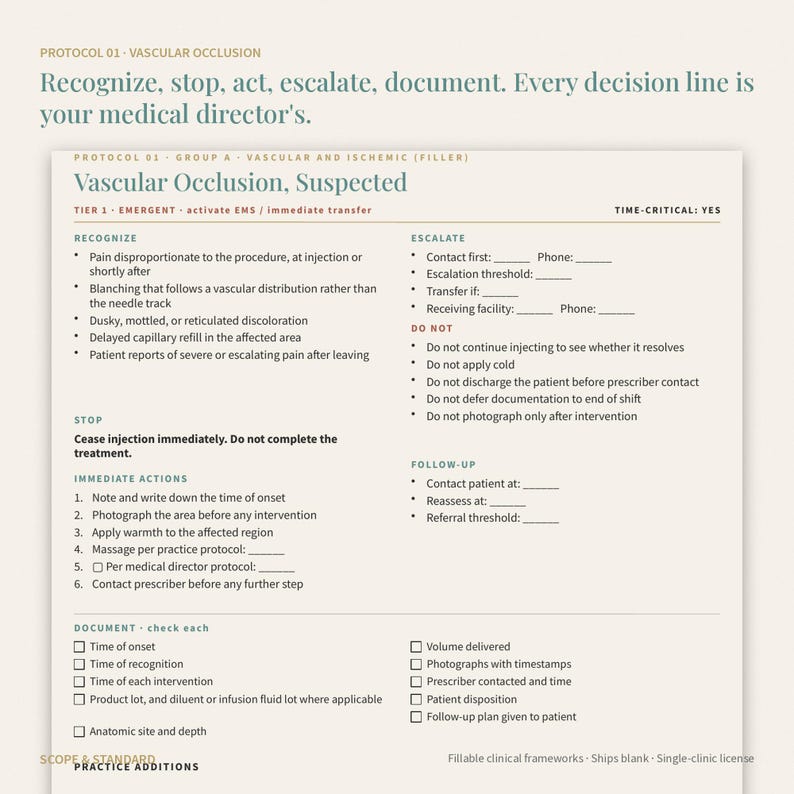 May include: A medical protocol document titled Vascular Occlusion, Suspected. The form includes sections for Recognize, Stop, Immediate Actions, Escalate, Do Not, and Follow-up, with checkboxes for documentation of patient care and clinical steps.