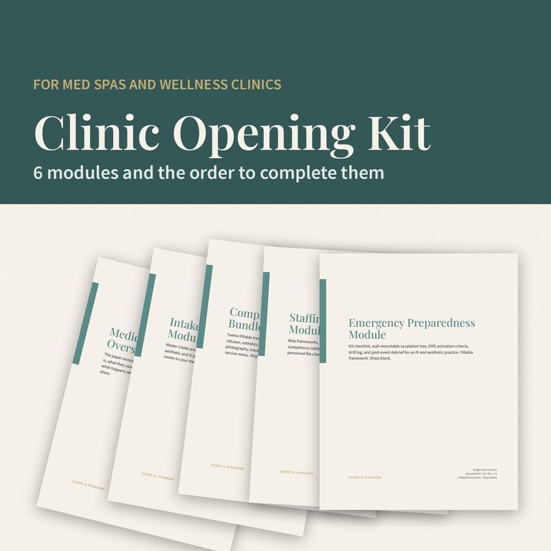 May include: A Clinic Opening Kit for med spas and wellness clinics featuring 6 modules. The documents are white with teal accents and text including "Emergency Preparedness Module," "Staffing Module," "Intake Module," and "Medical Oversight."