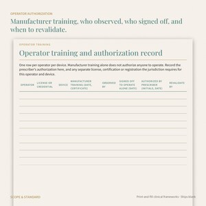 May include: A cream-colored operator training and authorization record form with dark green text. The document includes columns for operator, license, device, training, observation, sign-off, prescriber authorization, and revalidation dates.