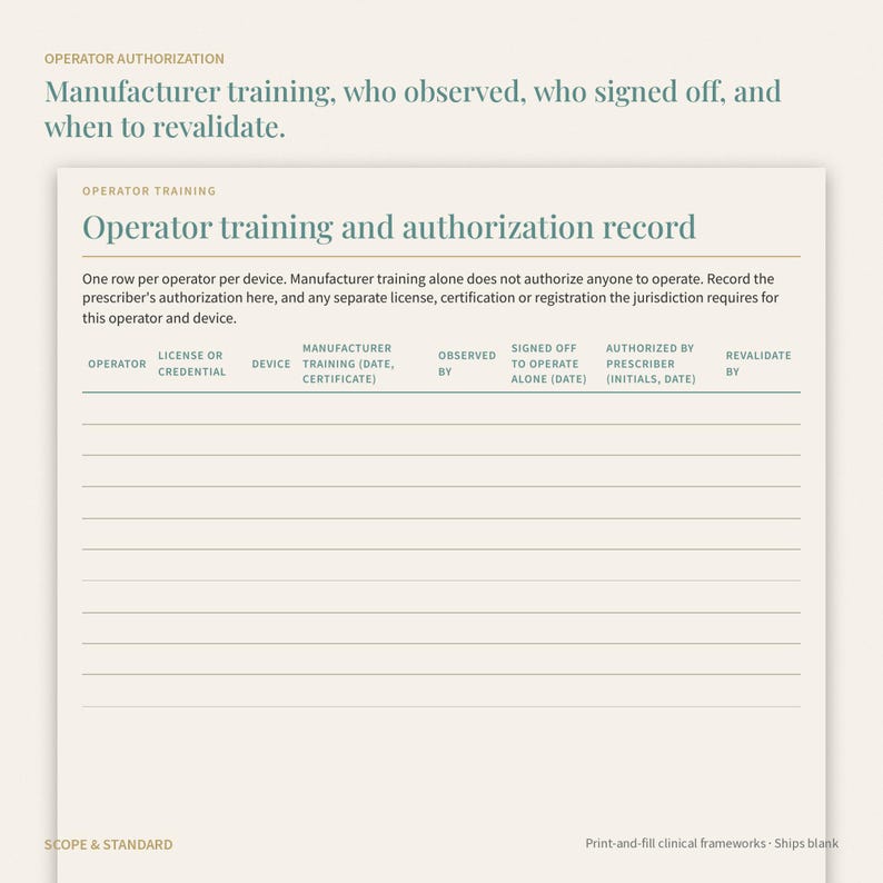 May include: A cream-colored operator training and authorization record form with dark green text. The document includes columns for operator, license, device, training, observation, sign-off, prescriber authorization, and revalidation dates.