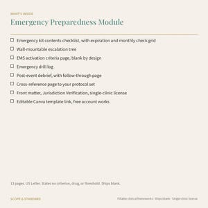May include: An Emergency Preparedness Module document listing contents including an emergency kit checklist, wall-mountable escalation tree, EMS activation criteria, drill log, post-event debrief, cross-reference page, and Canva template link.