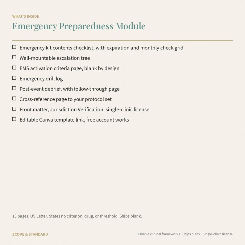 May include: An Emergency Preparedness Module document listing contents including an emergency kit checklist, wall-mountable escalation tree, EMS activation criteria, drill log, post-event debrief, cross-reference page, and Canva template link.