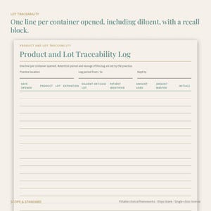 Pu&ograve; includere: Un modulo color crema per la tracciabilit&agrave; di prodotti e lotti con testo verde scuro. L'intestazione recita Product and Lot Traceability Log, seguita da colonne per data, prodotto, lotto, scadenza, diluente, identificativo paziente, quantit&agrave; usata e sprecata.