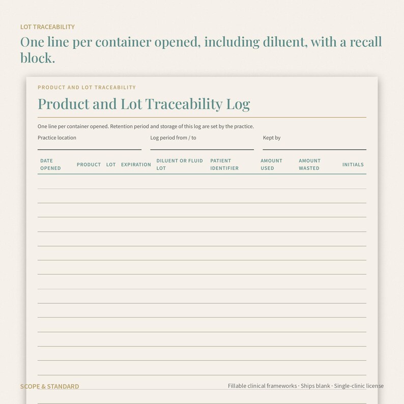 Pu&ograve; includere: Un modulo color crema per la tracciabilit&agrave; di prodotti e lotti con testo verde scuro. L'intestazione recita Product and Lot Traceability Log, seguita da colonne per data, prodotto, lotto, scadenza, diluente, identificativo paziente, quantit&agrave; usata e sprecata.