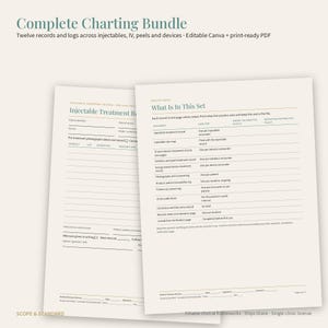 May include: A complete charting bundle featuring twelve records and logs for injectables, IV, peels, and devices. The document set includes an injectable treatment record and a master index page titled What Is In This Set, with editable Canva and PDF.