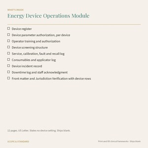 May include: A document titled Energy Device Operations Module with a checklist of sections including device register, parameter authorization, operator training, screening, service logs, consumables, incident records, and jurisdiction verification.