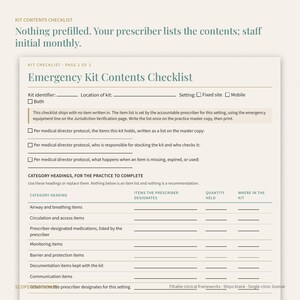 May include: A printed Emergency Kit Contents Checklist form on cream paper. The document includes fields for kit identifier, location, and setting, with a table for category headings, items, quantity held, and location within the kit for medical use.