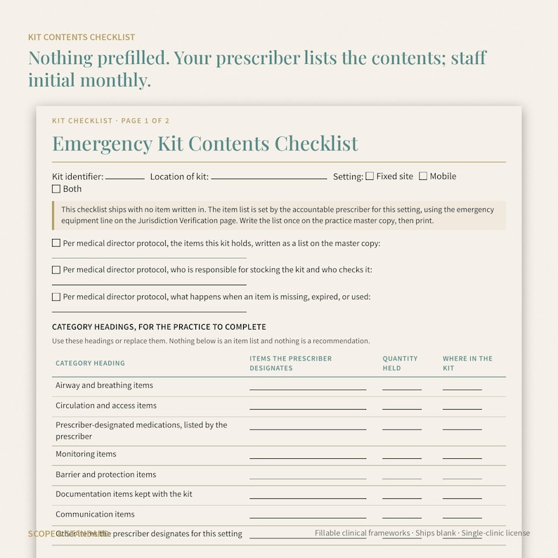 May include: A printed Emergency Kit Contents Checklist form on cream paper. The document includes fields for kit identifier, location, and setting, with a table for category headings, items, quantity held, and location within the kit for medical use.