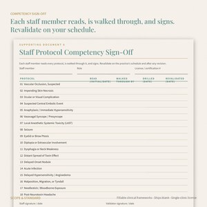 Puede incluir: Un formulario de firma de competencia de protocolo de personal de color crema con texto verde oscuro. Incluye secciones para los detalles de los miembros del personal y una lista numerada de 18 protocolos cl&iacute;nicos desde oclusi&oacute;n vascular.