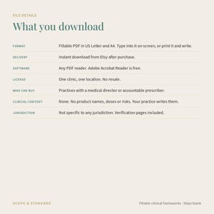 Puede incluir: Una hoja de informaci&oacute;n de documento digital titulada What you download. Enumera detalles del archivo, incluido el formato como PDF rellenable en US Letter y A4, requisitos de software, t&eacute;rminos de licencia, elegibilidad, contenido cl&iacute;nico y jurisdicci&oacute;n.
