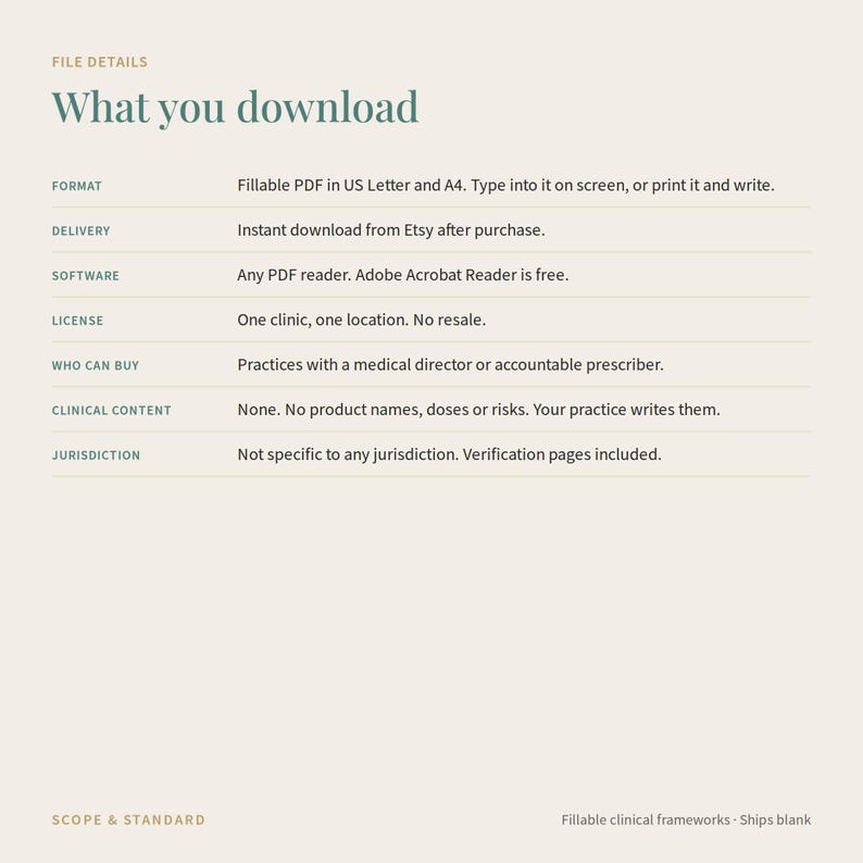 Puede incluir: Una hoja de informaci&oacute;n de documento digital titulada What you download. Enumera detalles del archivo, incluido el formato como PDF rellenable en US Letter y A4, requisitos de software, t&eacute;rminos de licencia, elegibilidad, contenido cl&iacute;nico y jurisdicci&oacute;n.