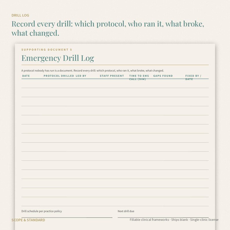 May include: A cream-colored Emergency Drill Log document with dark green text. It features headers for date, protocol, led by, staff present, time to EMS call, gaps found, and fixed by. The page includes lines for recording drill details.
