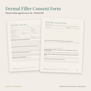 Puede incluir: Un formulario de consentimiento para relleno d&eacute;rmico de dos p&aacute;ginas en formato PDF rellenable. Las p&aacute;ginas incluyen secciones para informaci&oacute;n del paciente, detalles del tratamiento y riesgos, con l&iacute;neas designadas para iniciales y firmas del paciente.
