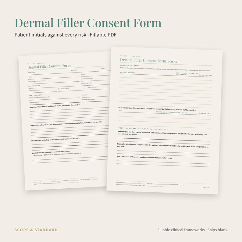Puede incluir: Un formulario de consentimiento para relleno d&eacute;rmico de dos p&aacute;ginas en formato PDF rellenable. Las p&aacute;ginas incluyen secciones para informaci&oacute;n del paciente, detalles del tratamiento y riesgos, con l&iacute;neas designadas para iniciales y firmas del paciente.