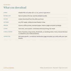 Pu&ograve; includere: Un documento con i dettagli del file intitolato What you download, che elenca le specifiche per un PDF compilabile in formato US Letter da 21,59 x 27,94 cm. Include requisiti software, istruzioni di stampa, licenza e dettagli sui contenuti.