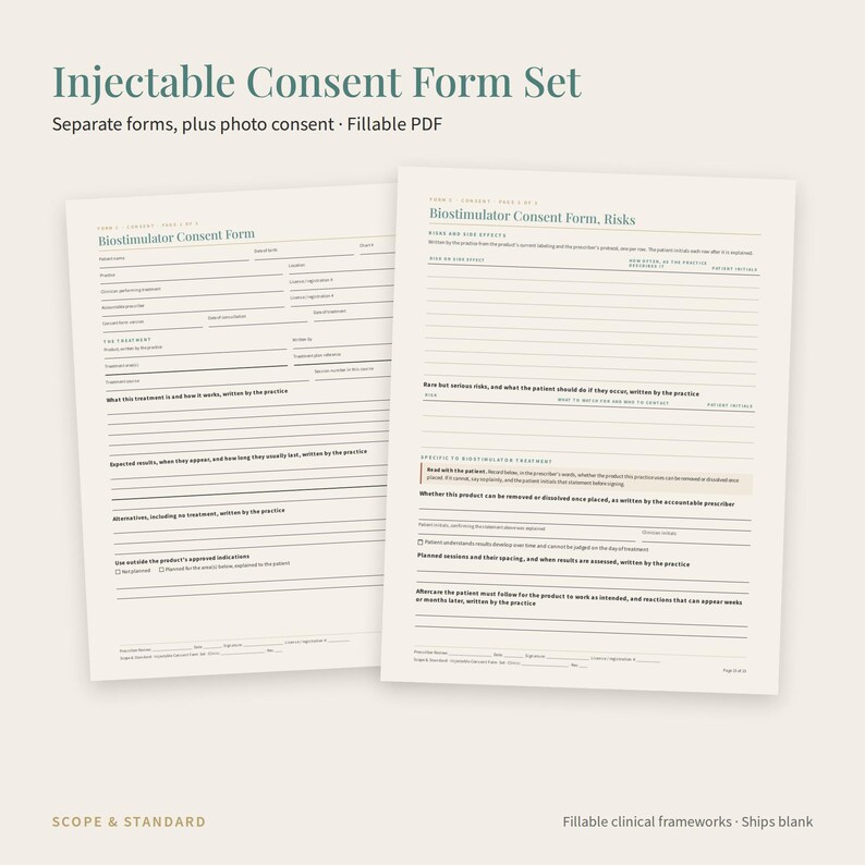 Puede incluir: Un conjunto de dos formularios de consentimiento para inyectables en color blanco hueso con texto negro. Los documentos incluyen encabezados titulados Biostimulator Consent Form y Biostimulator Consent Form, Risks, con campos, l&iacute;neas y casillas.