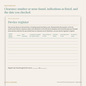 May include: A printed device register form with a cream background and dark text. The document includes columns for device make, model, serial number, date acquired, clearance number, indications, checked date, registration number, and in-service date.