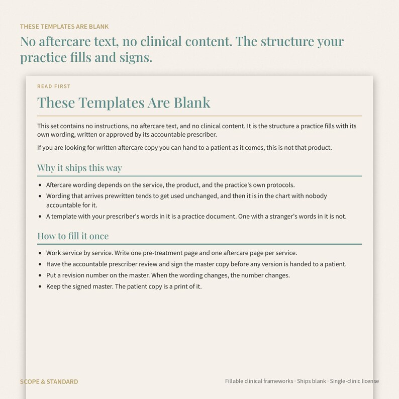 May include: A rectangular document titled These Templates Are Blank, featuring dark green text on a light beige background. It explains that the templates contain no clinical content, instructions, or aftercare text, requiring the user to fill them.