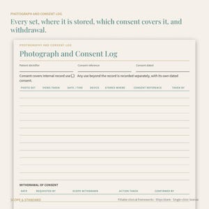 Pu&ograve; includere: Un modulo color crema per il registro di fotografie e consenso con sezioni per identificativo paziente, riferimento del consenso e data. Include una tabella per set fotografici, dettagli del dispositivo, archiviazione e revoca del consenso.