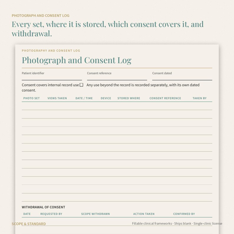 Pu&ograve; includere: Un modulo color crema per il registro di fotografie e consenso con sezioni per identificativo paziente, riferimento del consenso e data. Include una tabella per set fotografici, dettagli del dispositivo, archiviazione e revoca del consenso.
