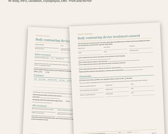 Body Contouring Treatment Record, Cryolipolysis, RF, HIFU and Muscle Stim Chart Form, Series Log and Consent Template, Printable PDF