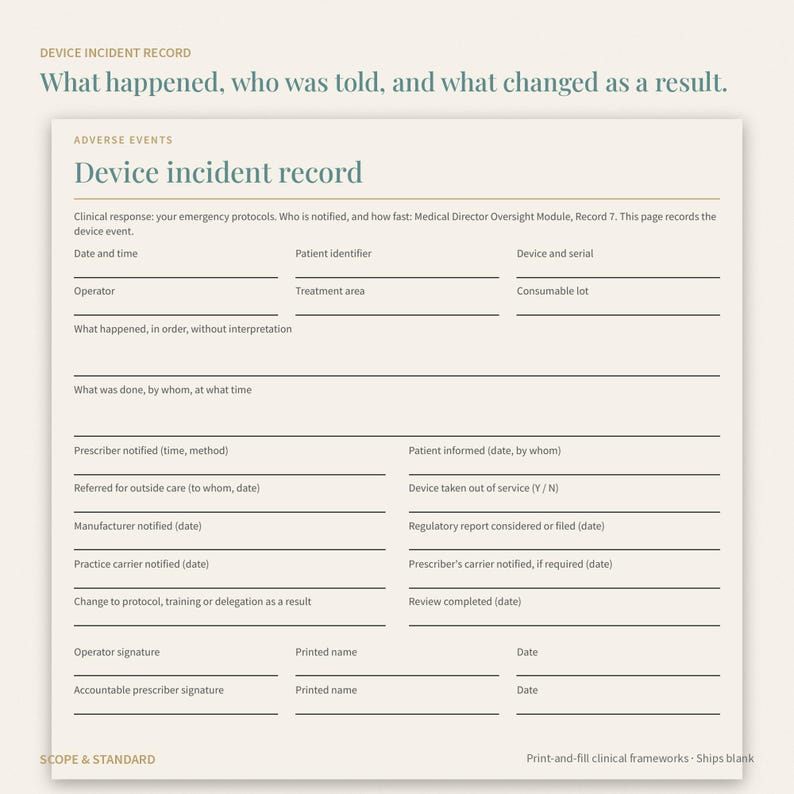 May include: A cream-colored Device Incident Record form featuring sections for date, time, patient identifier, device serial, operator, treatment area, and consumable lot. It includes fields for incident details, notifications, and signatures.