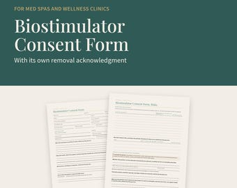 Plantilla de formulario de consentimiento para bioestimulador, formulario en blanco rellenable con reconocimiento de retirada e iniciales de riesgo, PDF imprimible