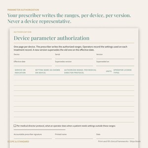 May include: A cream-colored clinical form titled Device parameter authorization. It includes fields for device, serial, version, effective date, and a table for service, setting name, authorized range, units, and operator license types.
